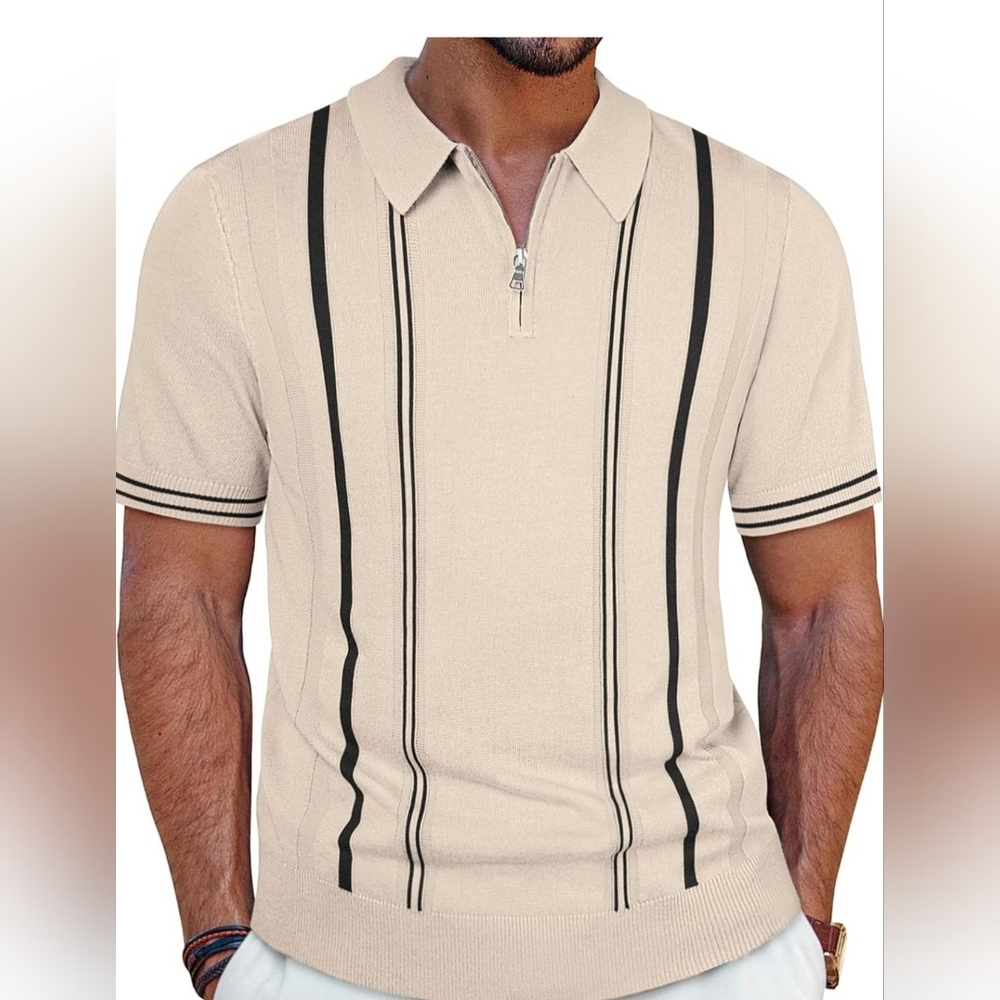 Hunter Men’s Beige Polo Shirt with Navy Vertical Stripes